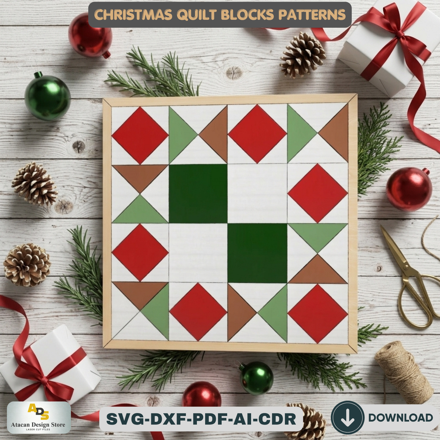 Holiday Barn Quilt SVG Pack, Christmas Wood Block Pattern for Laser Cutting, Farmhouse Winter Wall Art, DIY Festive Sign Files 892