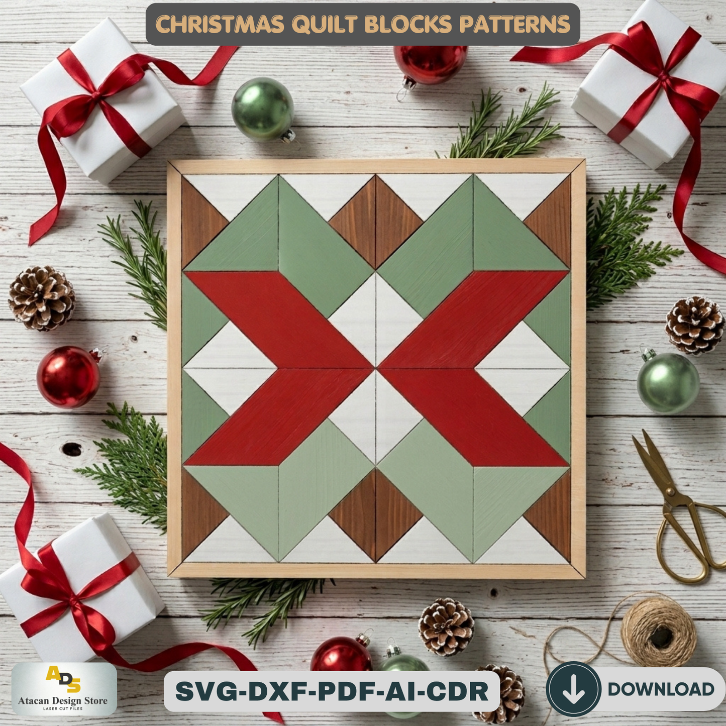 Holiday Barn Quilt SVG Pack, Christmas Wood Block Pattern for Laser Cutting, Farmhouse Winter Wall Art, DIY Festive Sign Files 892