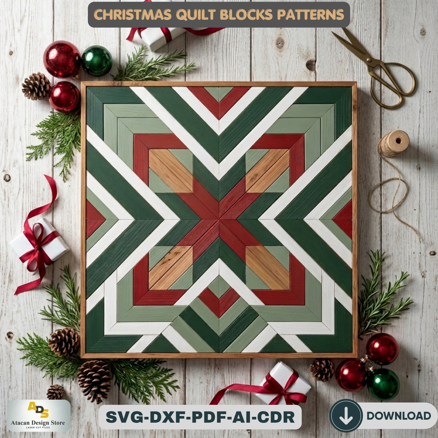 Holiday Barn Quilt SVG Pack, Christmas Wood Block Pattern for Laser Cutting, Farmhouse Winter Wall Art, DIY Festive Sign Files 892