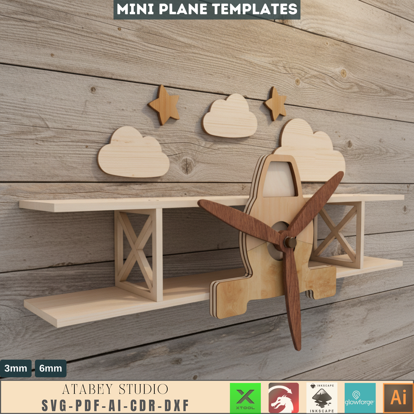Biplane Wall Shelf - Laser Cut Plan for Wooden Aircraft Shelf - DIY Kids Room Decor 692