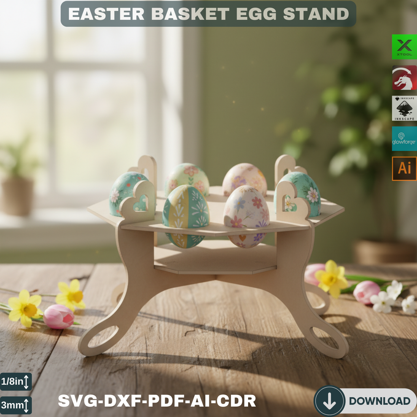 Laser Cut Easter Egg Holder SVG, Wooden Easter Basket Stand Design, Decorative Egg Display for Holiday Decor 159