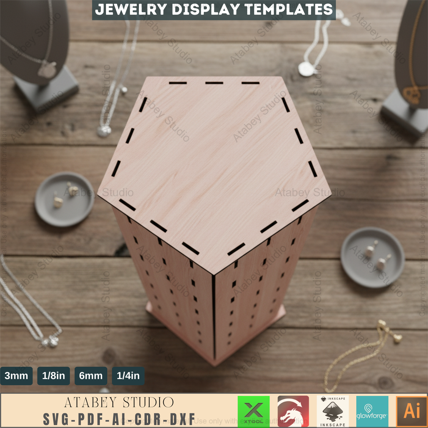 Pentagon Earring Display / Pendant Jewelry Holder Stand / Necklace Ring Holders / Keychain Organiser / Laser Cut Files SVG, DXF, CDR 550