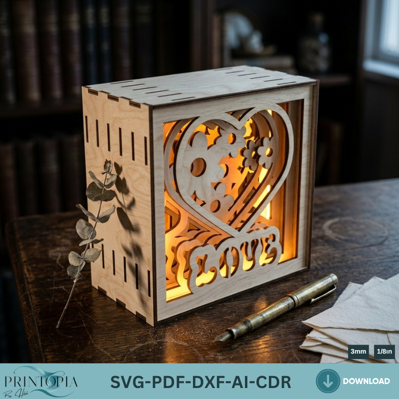 Romantic Heart Floral Shadow Light Box – Layered 3D Laser Cut Design 790
