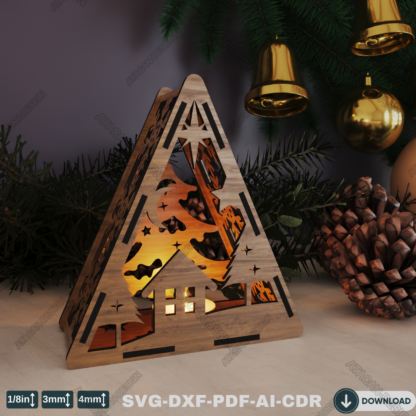 Christmas Triangle Candle Holder - Laser Cut Lamp Design for Night Light Décor 778