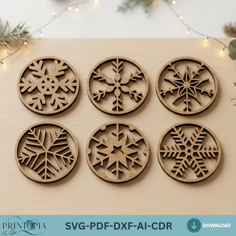 Snowflake Coaster Set Laser Cut Files Winter Kitchen Decor Christmas Coaster Trivet Bundle
