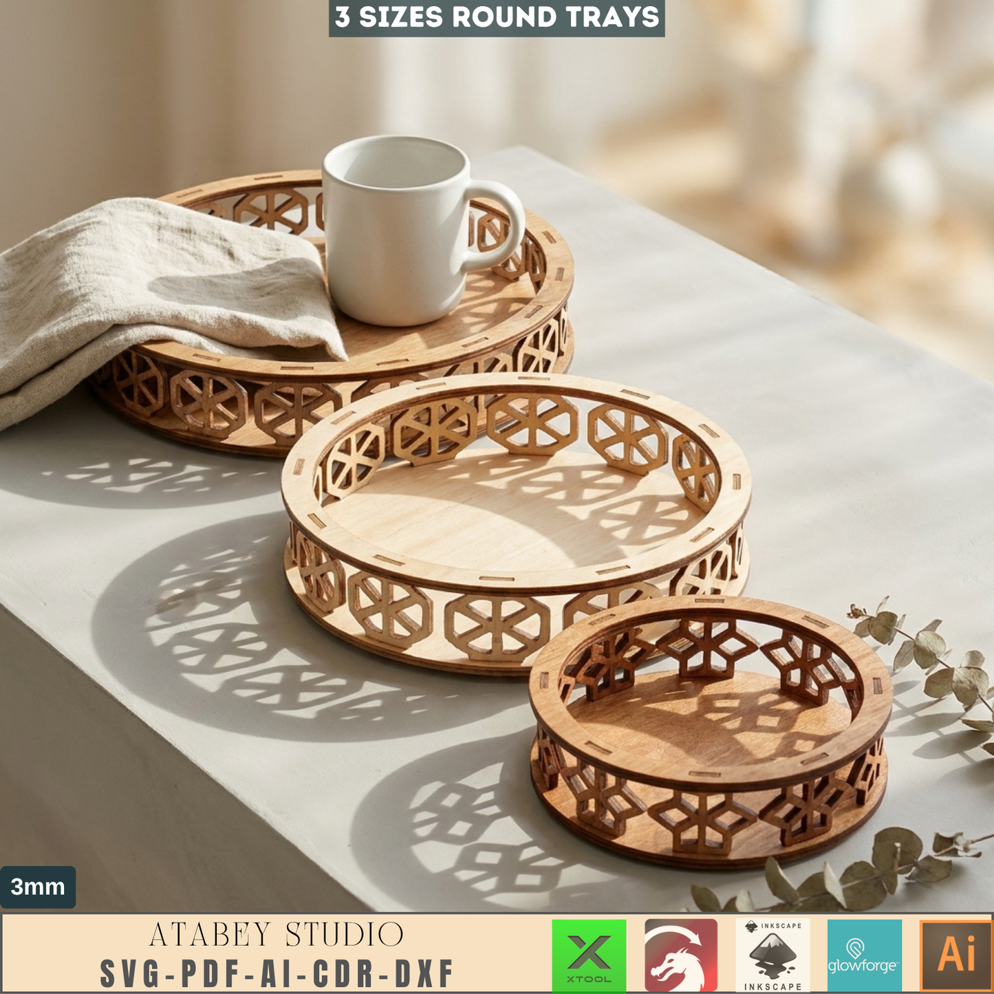 Decorative Tray SVG file, Wooden carved Tray laser cut template, Ornamental Tray Cutting Plan 140
