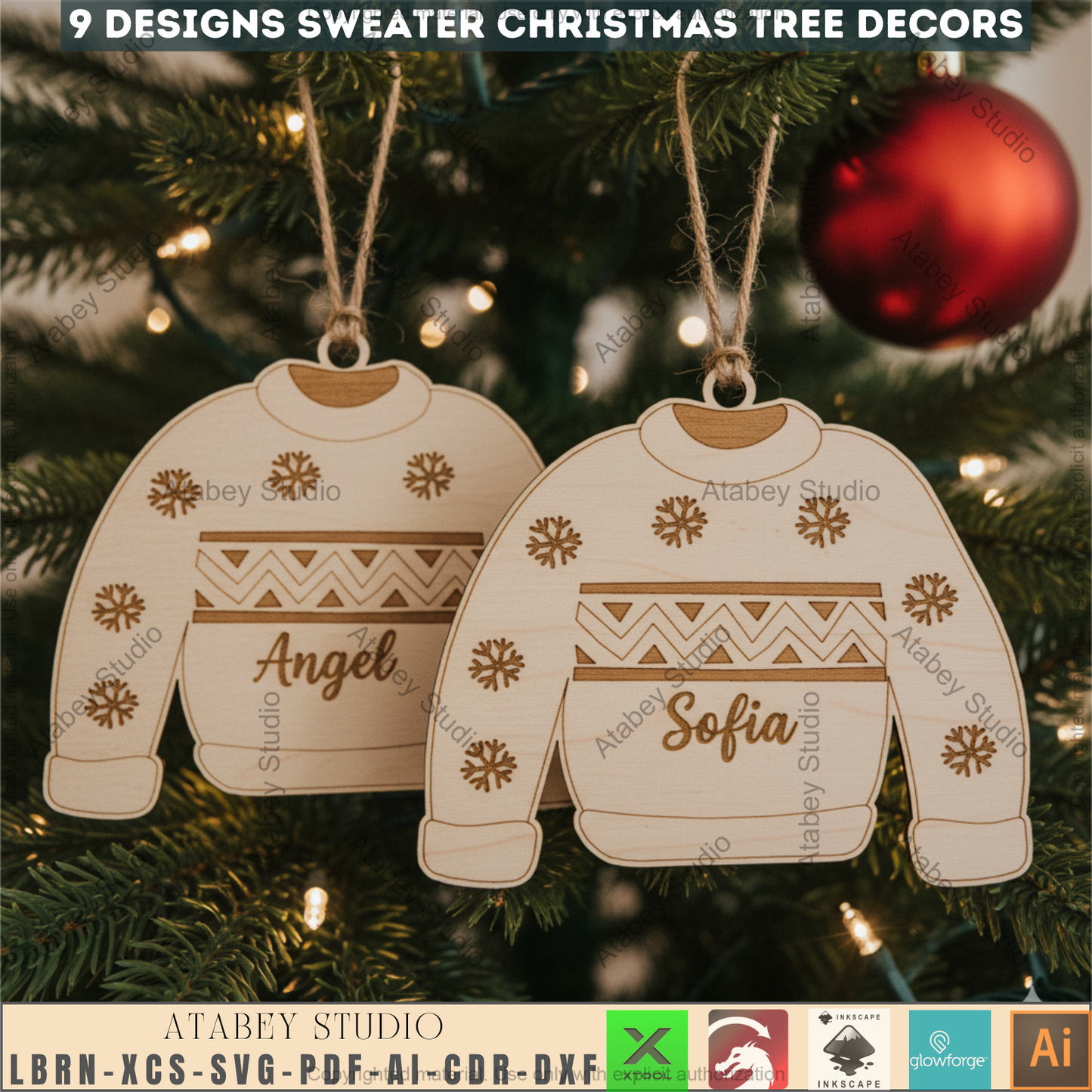 Personalized Ugly Sweater Christmas Ornament Bundle | Family Name Laser Cut Templates | DIY Xmas Decor 971