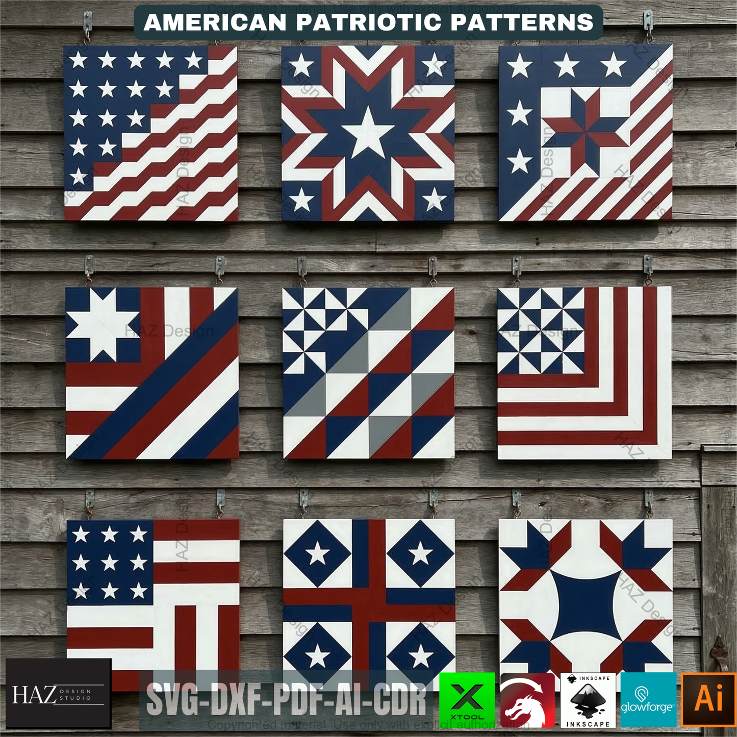 Americana Patriotic Barn Quilt Patterns, Rustic Wooden Star Art Cutting Templates 524