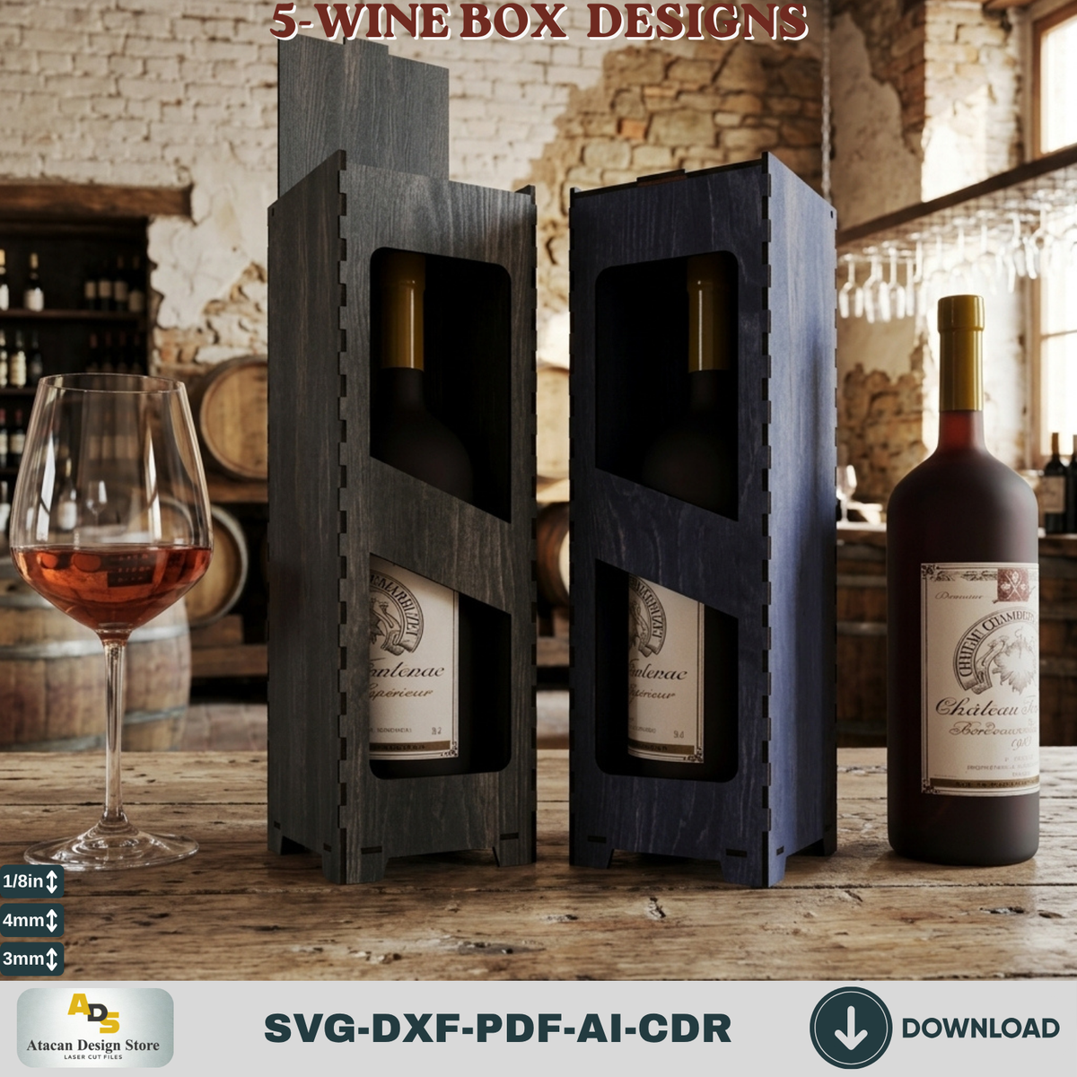 Laser Cut Wooden gift Box - Five Themed Wine Box Designs for Crafting Projects Elegant Wooden Wine Box 805