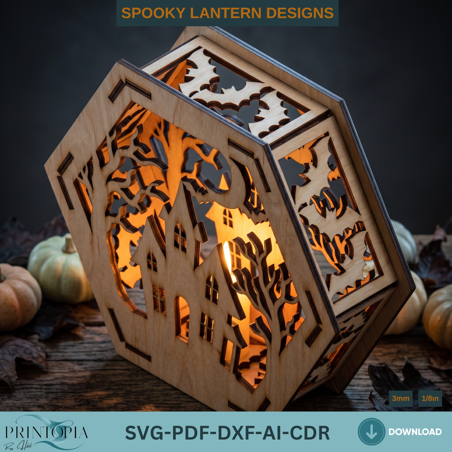 Halloween Lantern Laser Cut Files Bundle for Wooden Tealight Candle Holder Spooky Decor Template