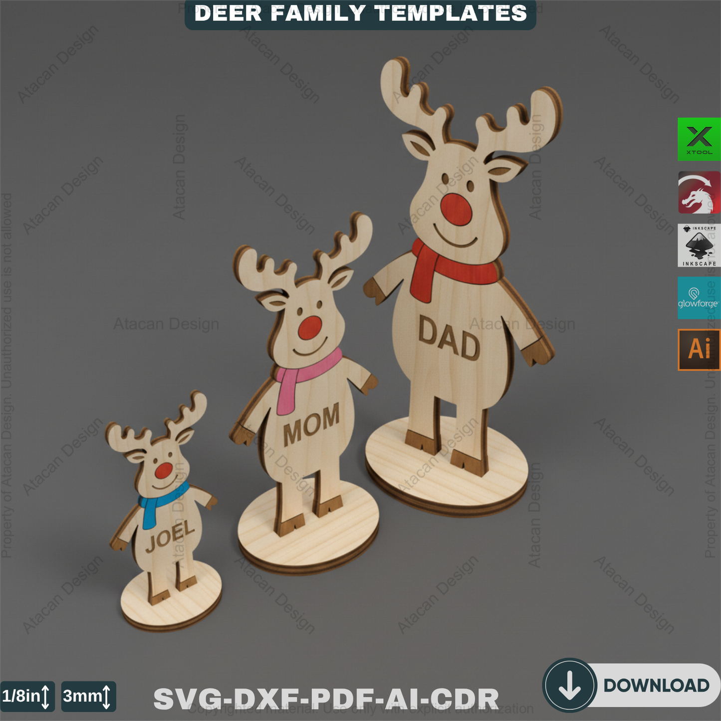 Personalized Reindeer Family Names Template | Freestanding Wooden Deer Family | Christmas Laser Cut Design 917