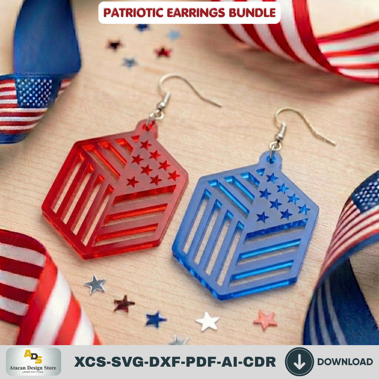 Patriotic Earrings Laser Cut Bundle, 4th of July USA Flag Acrylic Jewelry Template, Veteran Gift Design