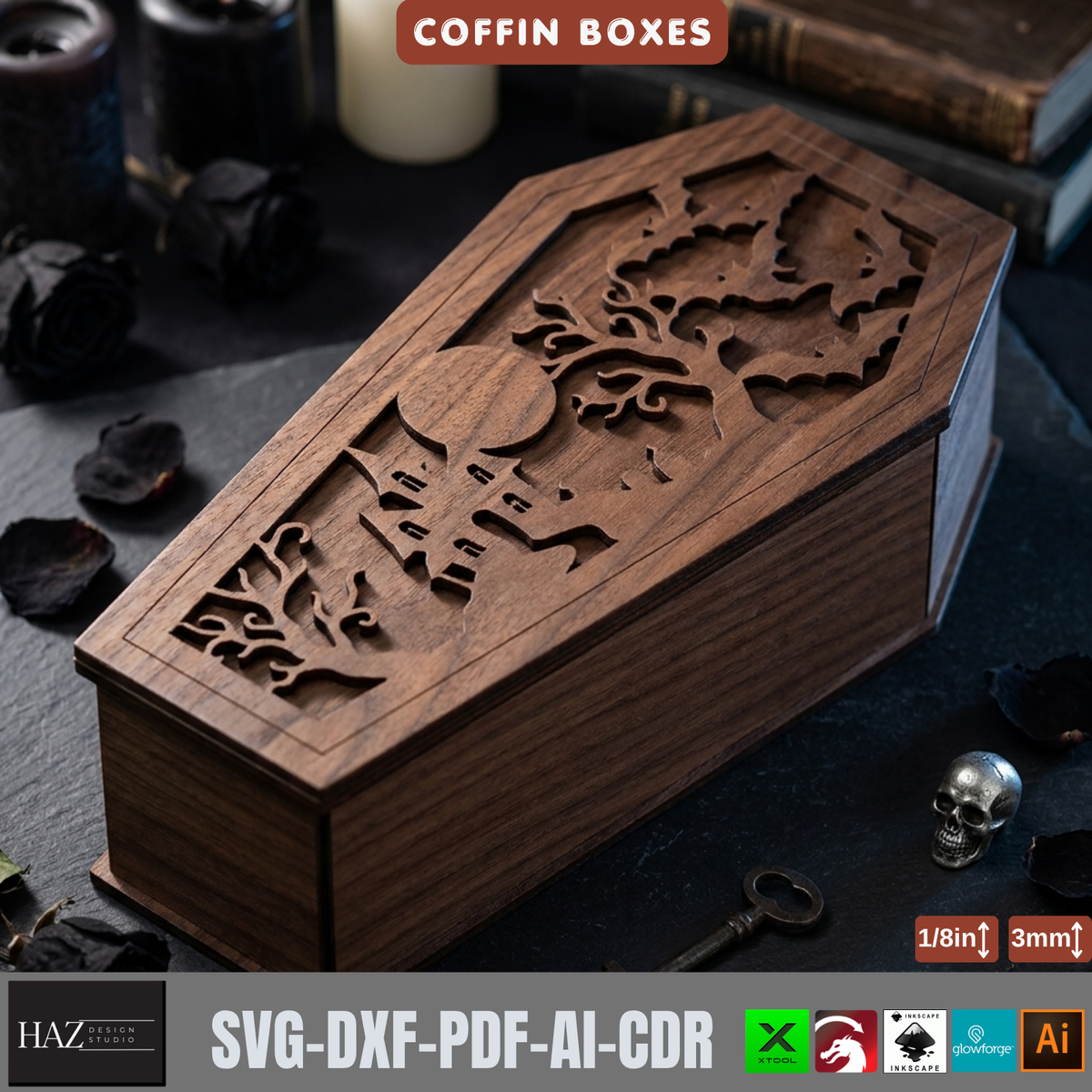 Halloween Coffin Box Laser Cut Template, Gothic Wood Keepsake Casket Pattern, Trick or Treat Candy Holder, Spooky Plywood Decor