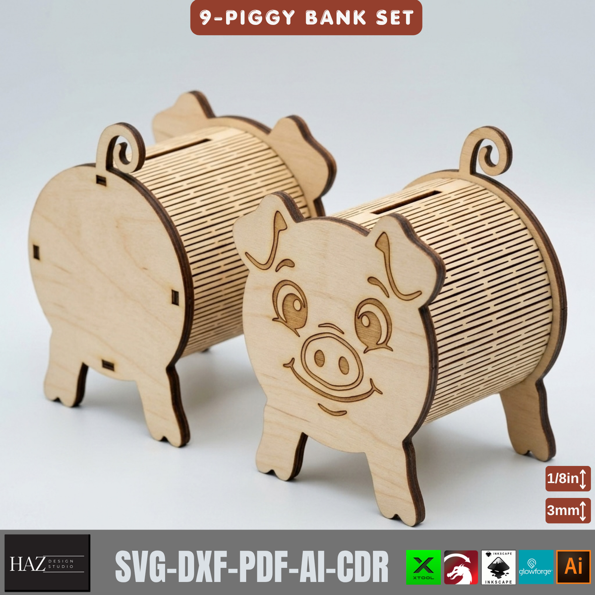 Wooden Animal Money Box Laser Cut Template, Cat Dog Pig Piggy Bank Set 574