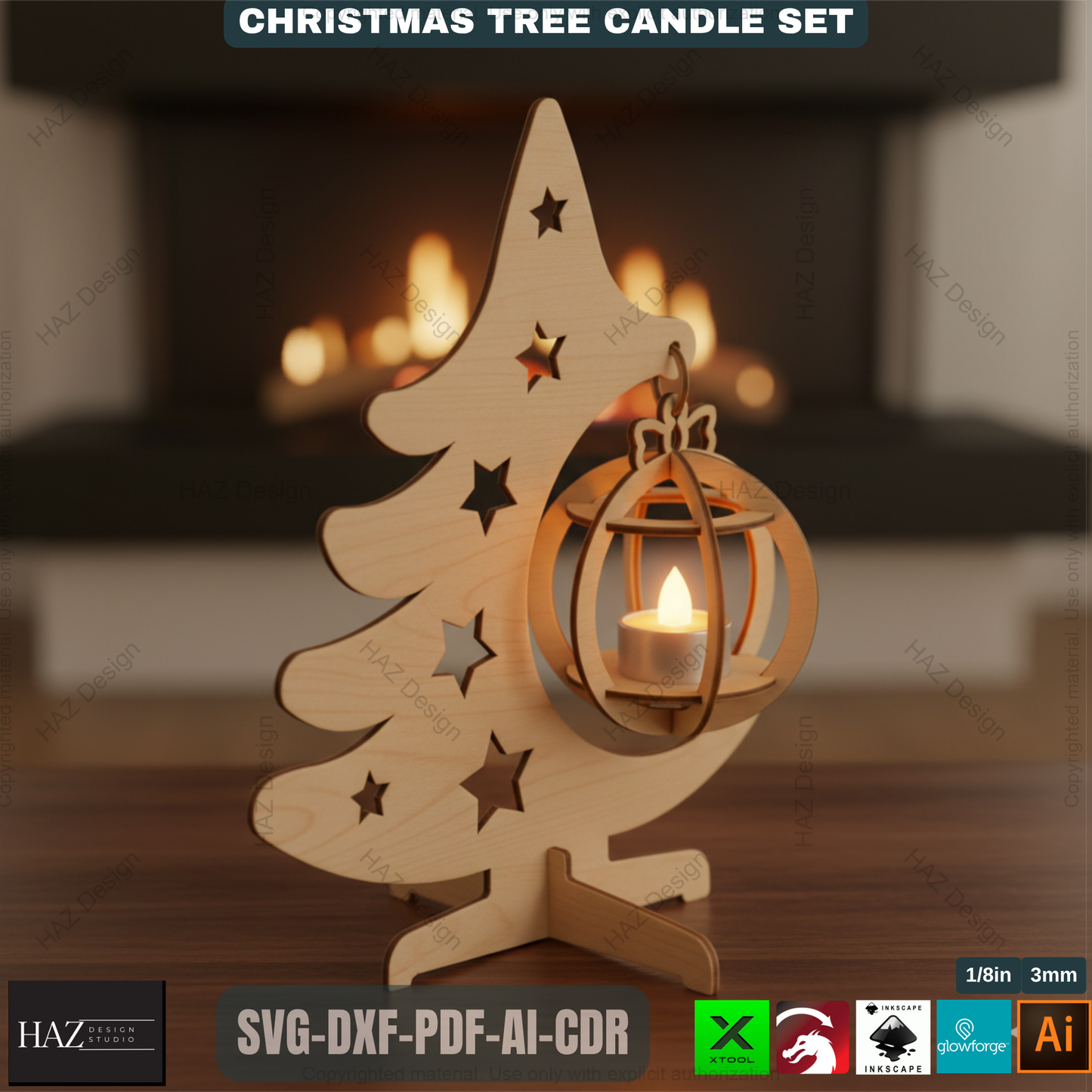 Title: Christmas Tree Tealight Holders Laser Cut Files Wooden Ornament Candle Stands Xmas Decor Templates Glowforge Xtool SVG 494