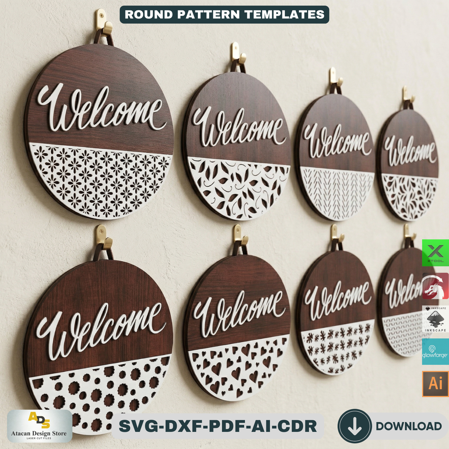 Door sign with patterns / Glowforge laser cut files / Door hanger Templates ADS115