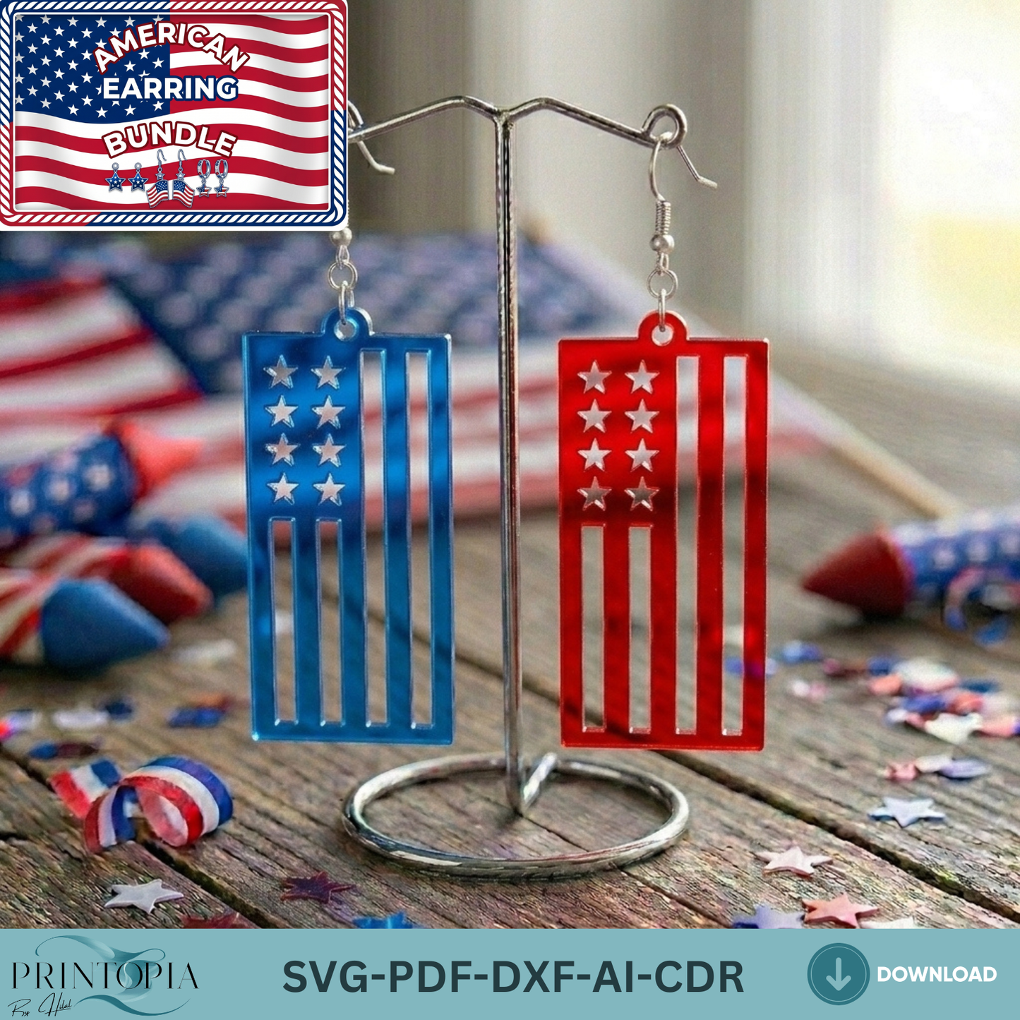 Patriotic Earring SVG Bundle, 4th of July Laser Cut File, USA Flag Acrylic Earrings DXF