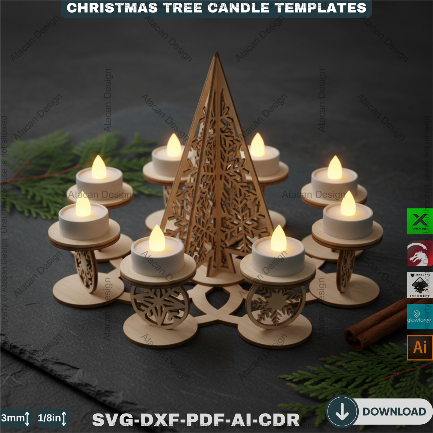 Festive Christmas Tree Tea Light Holder Laser Cut Digital Template, Holiday Advent Wreath Candle Stand, New Year Snowflake Tealight Decor 911