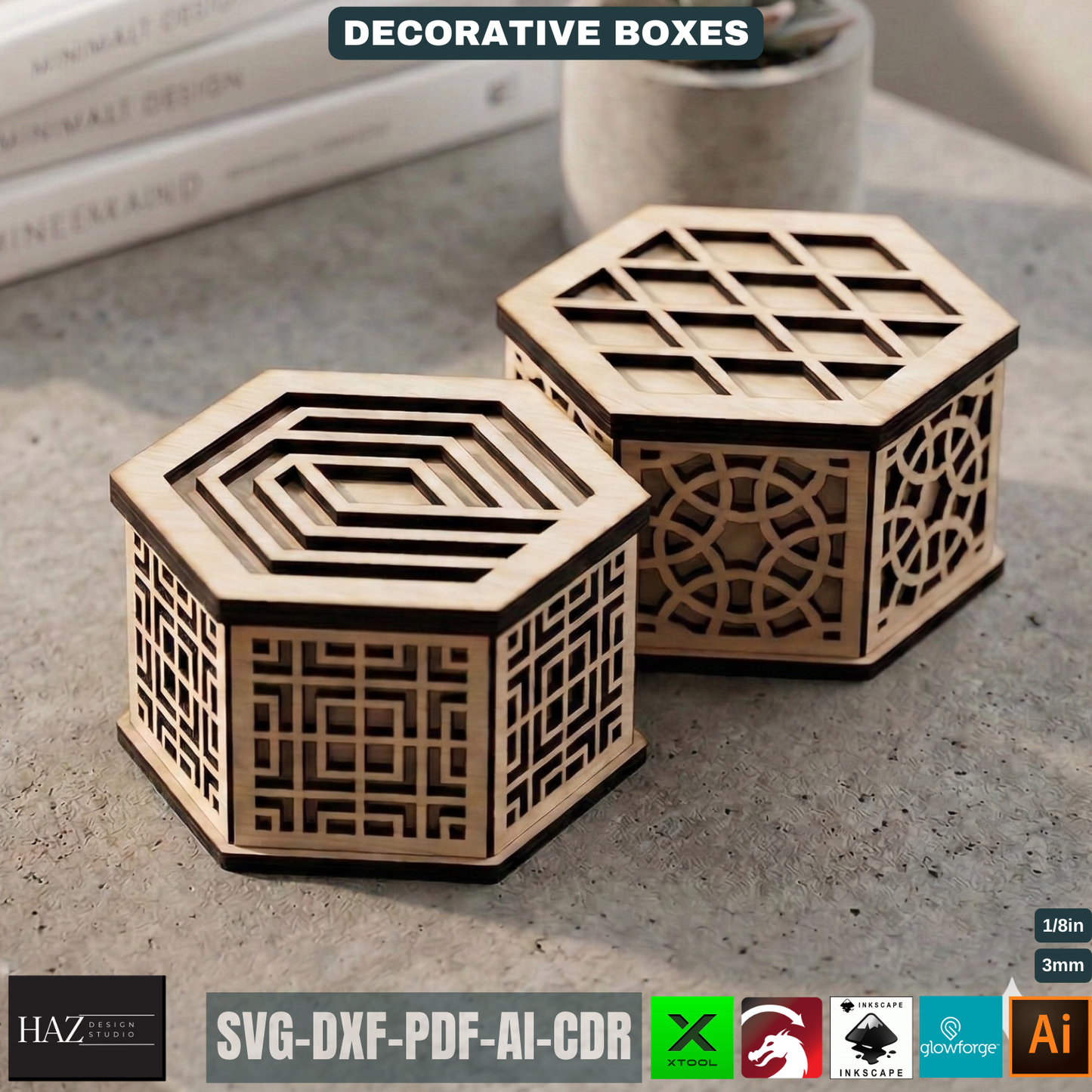 Decorative Hexagon Box Laser Cut Template Geometric Wood Storage Container Lidded Keepsake Pattern 521