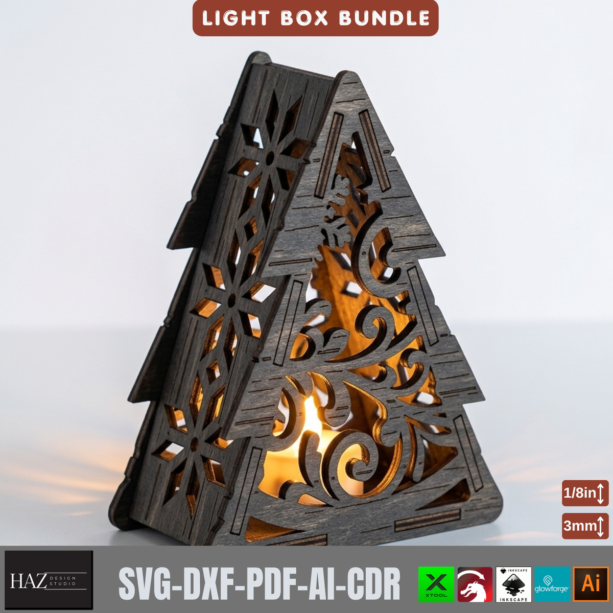 Wooden Christmas Light Box SVG Bundle, 9 Tealight Candle Holder Templates, Laser Cut Xmas Decor 580