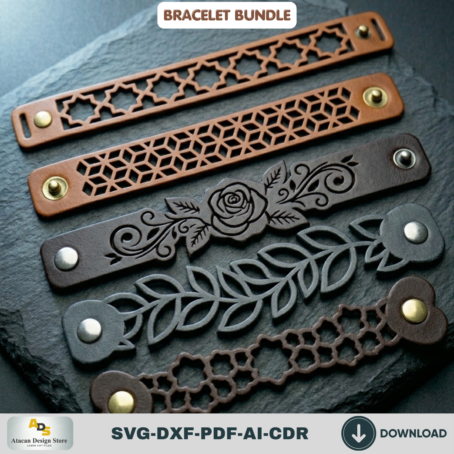 Leather Bracelet Laser Cut Template Bundle, Boho Geometric Cuff Wristband Pattern