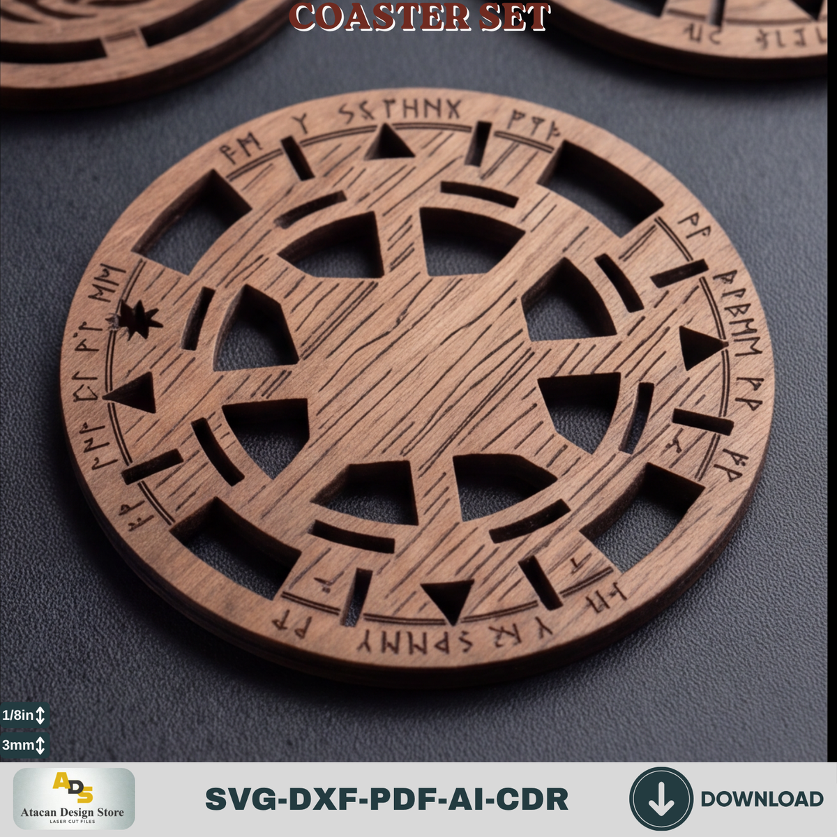 Norse Rune Coaster Template with Stand, Celtic Card Suit Drink Coasters, Laser Cut Bar Gift Bundle