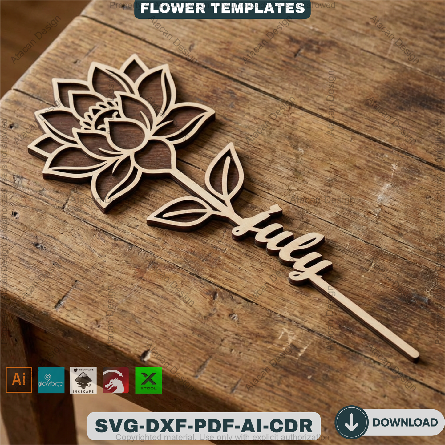 Birth Month Flower Laser Cut Bundle Wooden Floral Stakes Bouquet Topper Designs Personalised Mother Day Gift Laser Ready Templates 932
