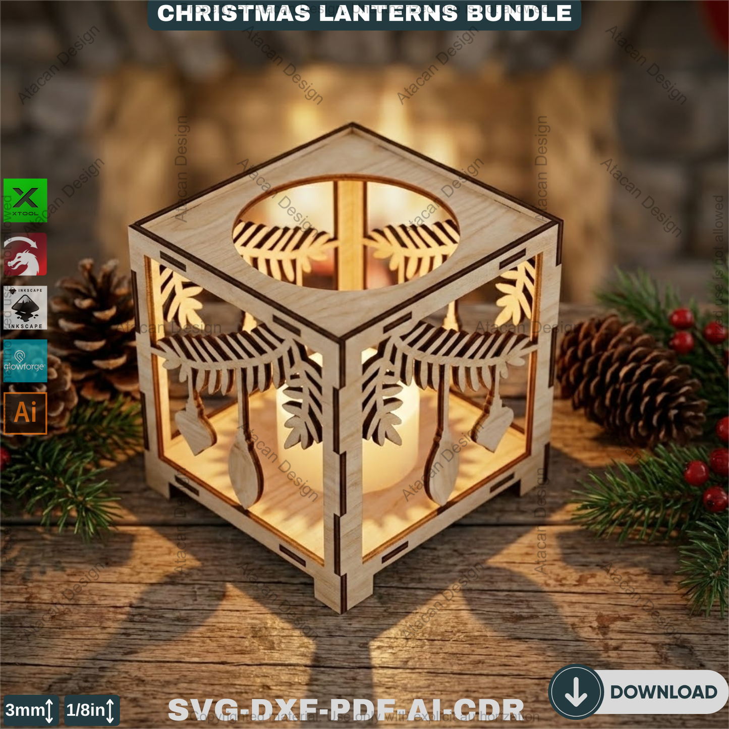 Christmas Lantern Laser Cut Bundle, Wooden Tealight Holder, Xmas Candle Box, Winter Decor, Reindeer Snowman Template 927