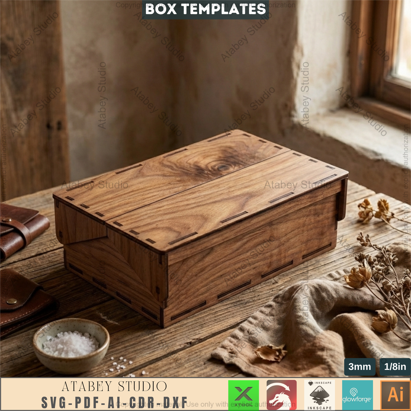 Wooden Storage Box Laser Cut Templates, Hinged Lid Keepsake Pattern 994