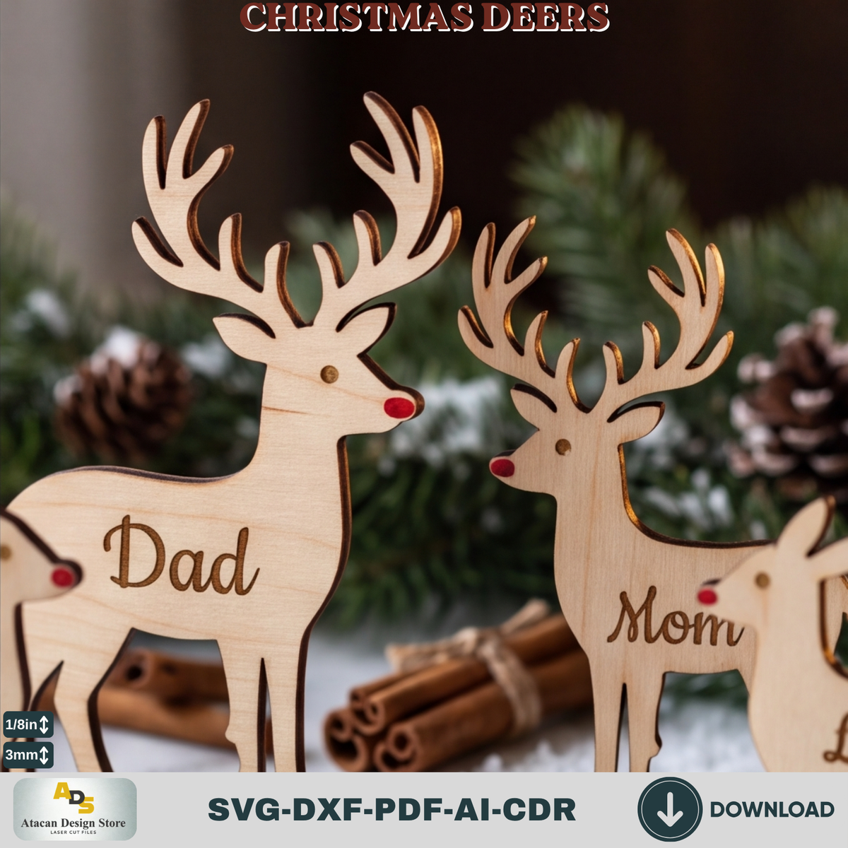 Wooden Deer Laser Cut Bundle – 3 Freestanding Reindeer Designs 983