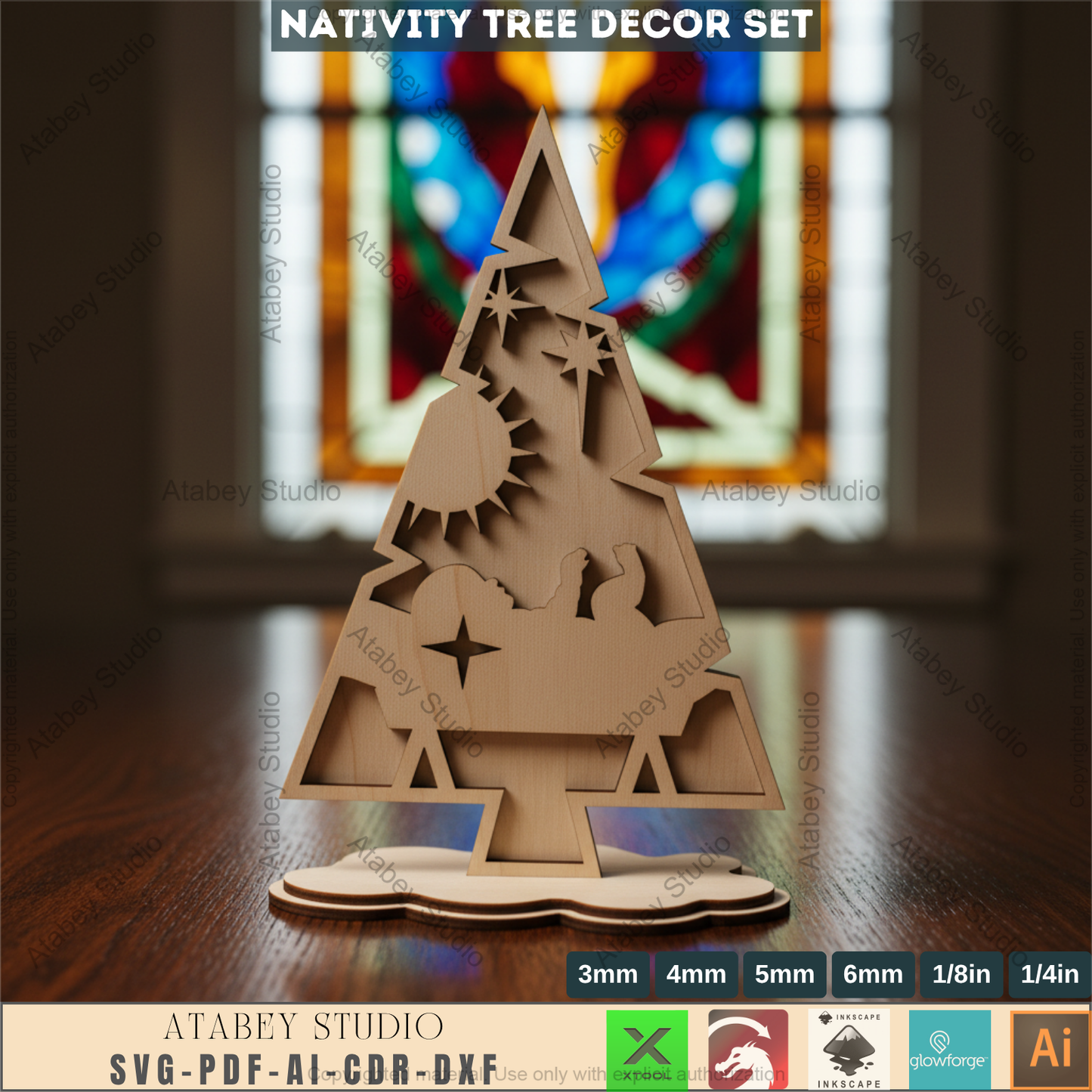 Laser Cut Nativity Tree Decor Set, 3D Standing Faith Christmas Ornaments, Wooden Tabletop Cross Tree SVG 966
