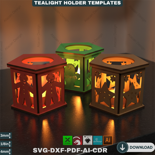 Festive Laser Cut Holiday Candle Holder - Gingerbread Snowman Sleigh Tealight Lanterns 570