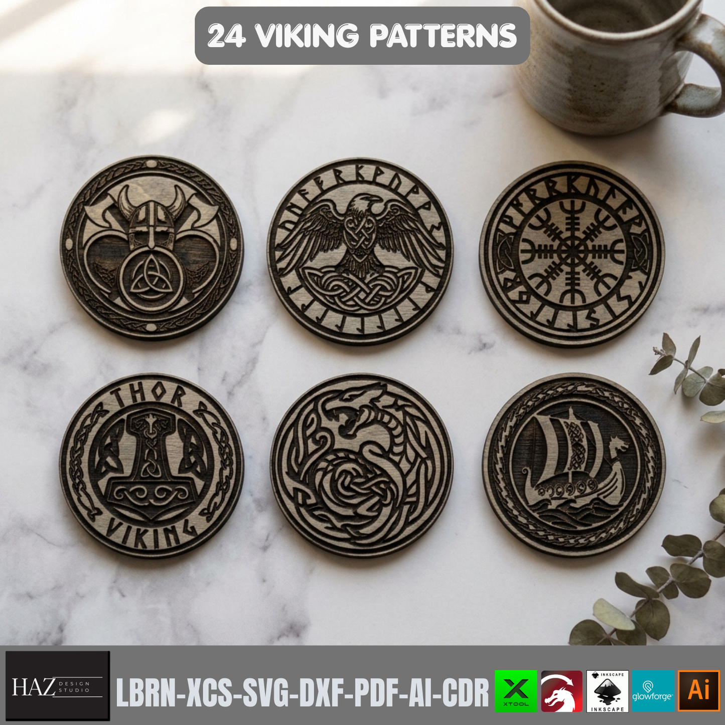 24 Viking Celtic Knot Coaster Laser Cut Patterns Bundle Norse Mythology Wood