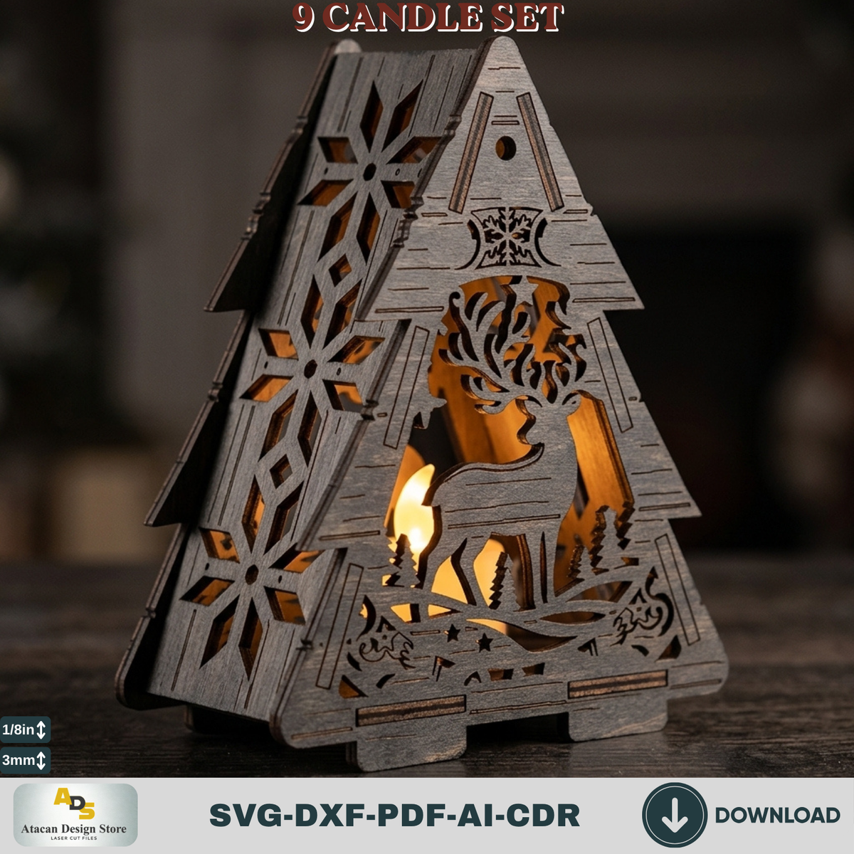 Laser Cut Christmas Lantern Bundle, Tealight Holder Template Set of 9, Snowflake Reindeer Gnome
