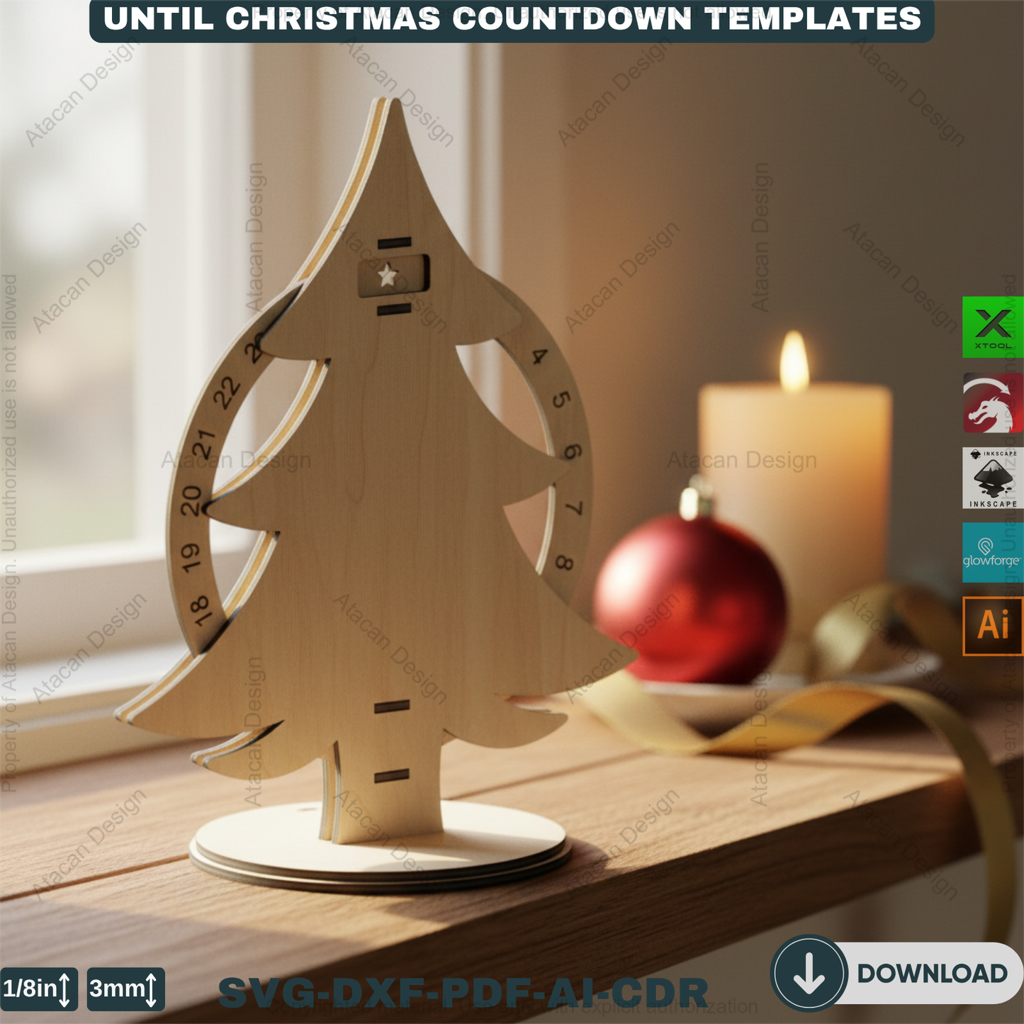 Christmas Tree Advent Calendar Laser Cut Template Bundle Wooden Countdown Stand Glowforge Xtool Files 915