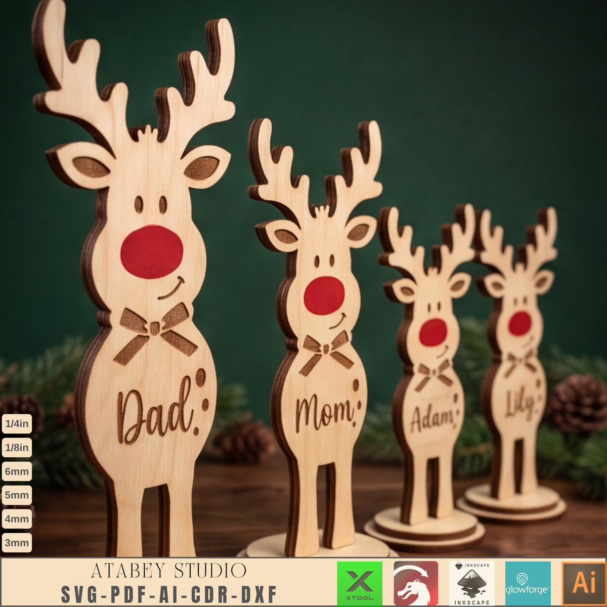 Wooden Reindeer Family Laser Cut Files - Holiday Name Decor for Christmas 1028