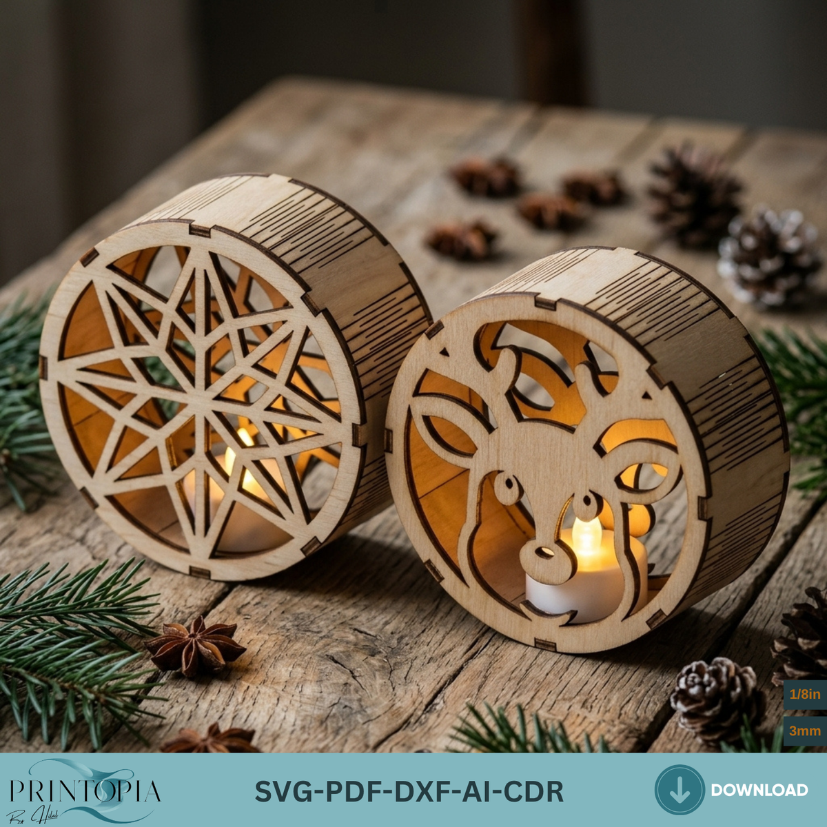 Laser Cut Christmas Night Light Bundle, Round Wooden Lanterns, DIY Holiday Candle Holder Designs 380