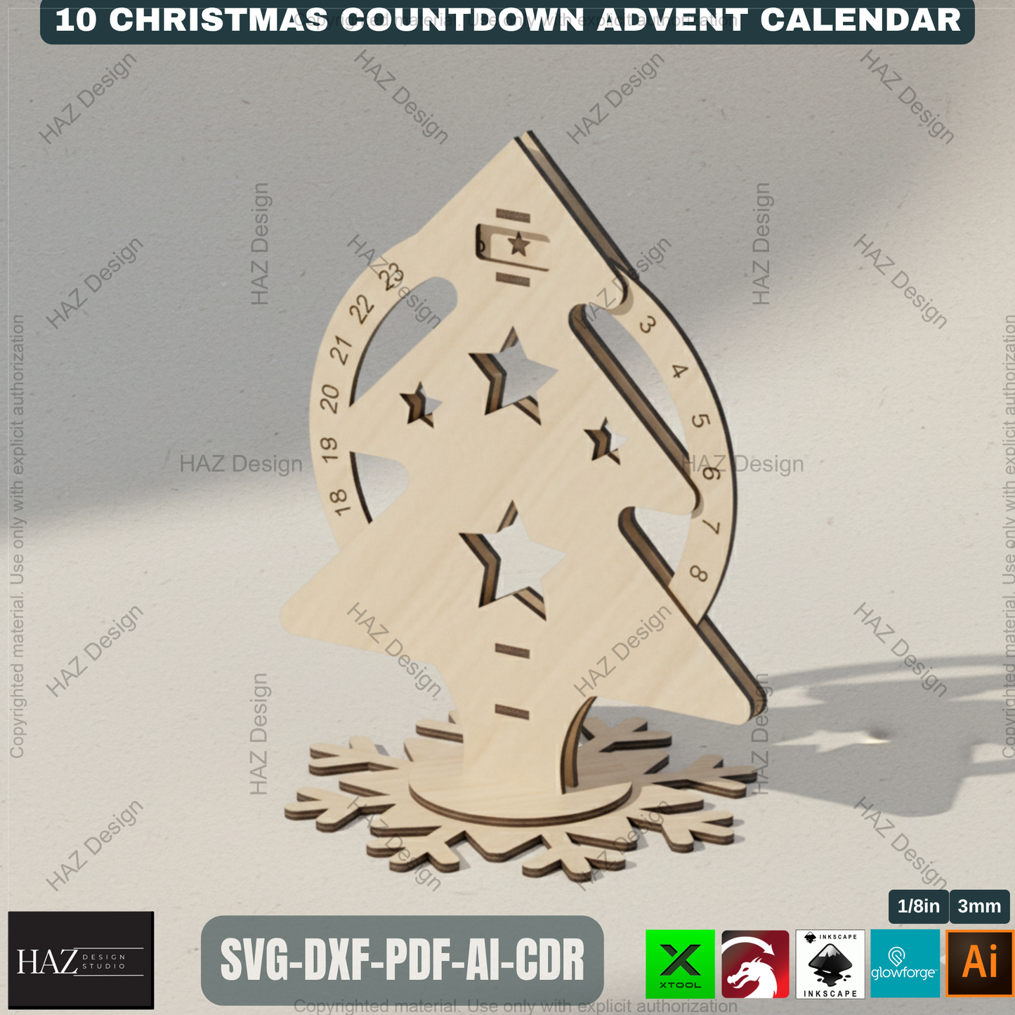 Festive Countdown Advent Calendar Laser Cut Files, Wooden Christmas Decor Template for Glowforge & Xtool, Holiday Craft Project 498