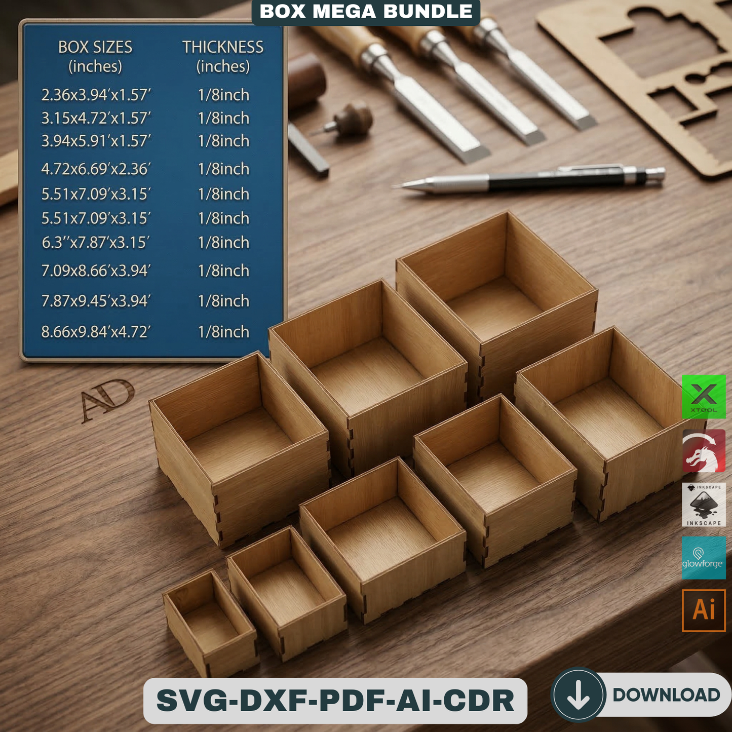 72 Piece Mega Box Bundle Laser Cut Wooden Box Templates Nesting Storage Organizer 503