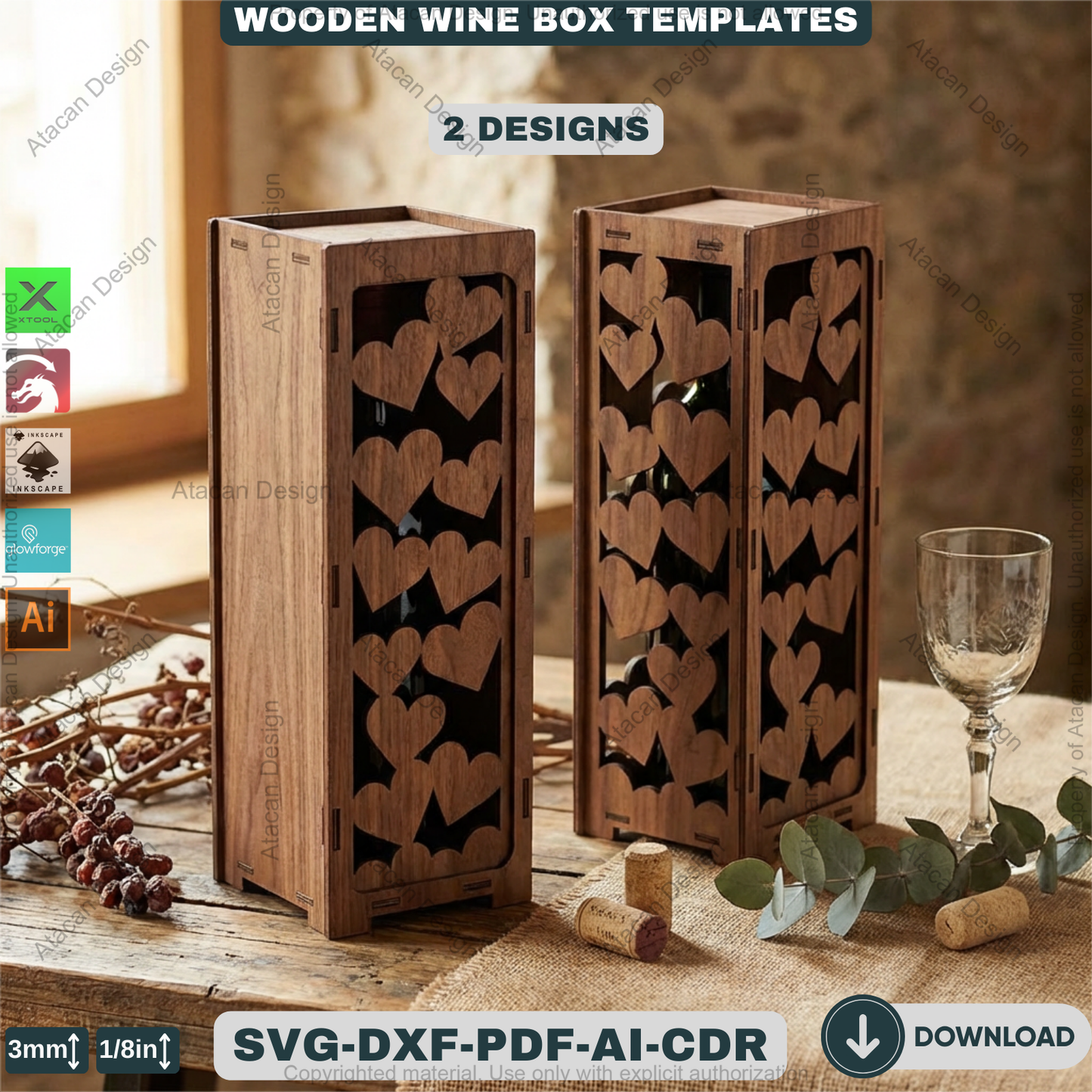 Laser Cut Wine Box Template Bundle, Wooden Bottle Carrier Pattern, Decorative Gift Holder Plan, CNC Cutting Design, Wedding Gift Box Project 935