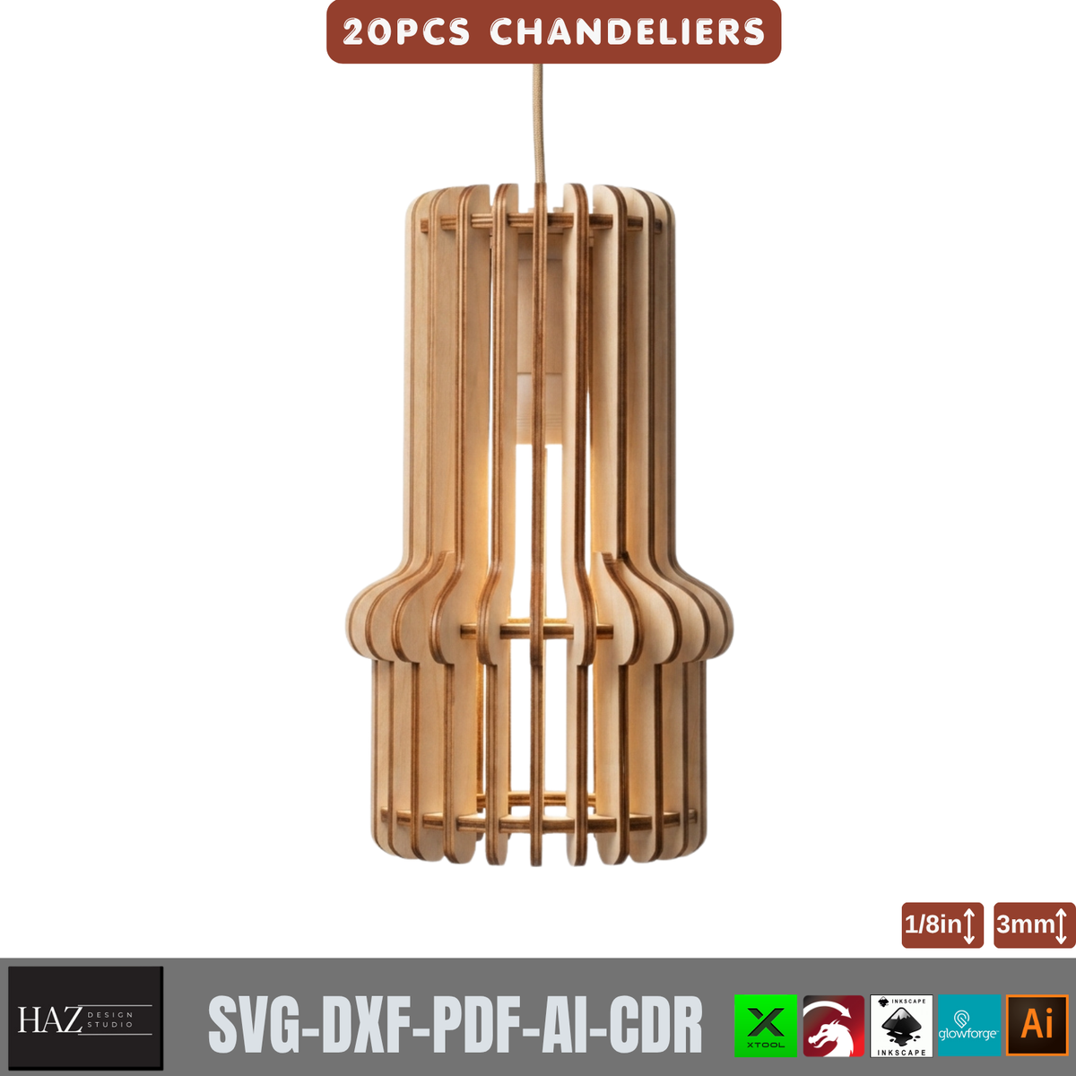 20 Piece Wooden Chandelier Pendant Lamp Laser Cut SVG Template Set Plywood 566