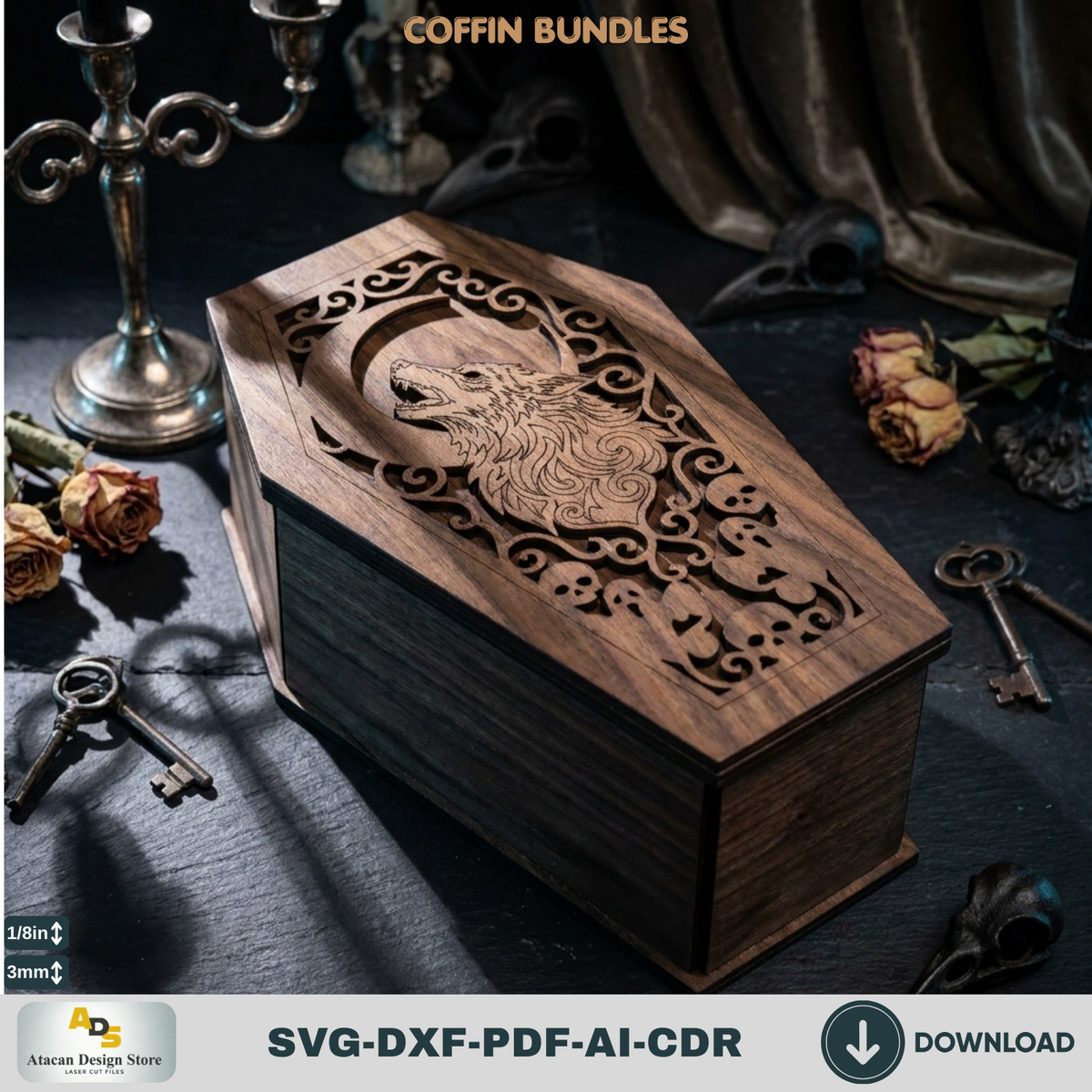 Gothic Coffin Box Laser Cut Bundle, Halloween Wooden Keepsake Casket Template, Spooky Trick or Treat 979