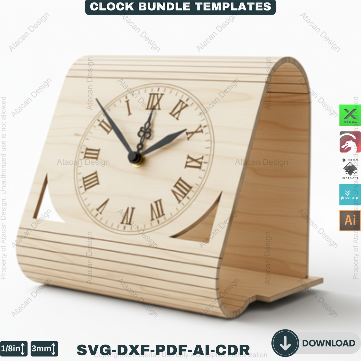 Laser Cut Clocks, Modern Desk Clock Templates, DIY Wooden Table Clock Plans, CNC File for Glowforge, Xtool & Lightburn 914