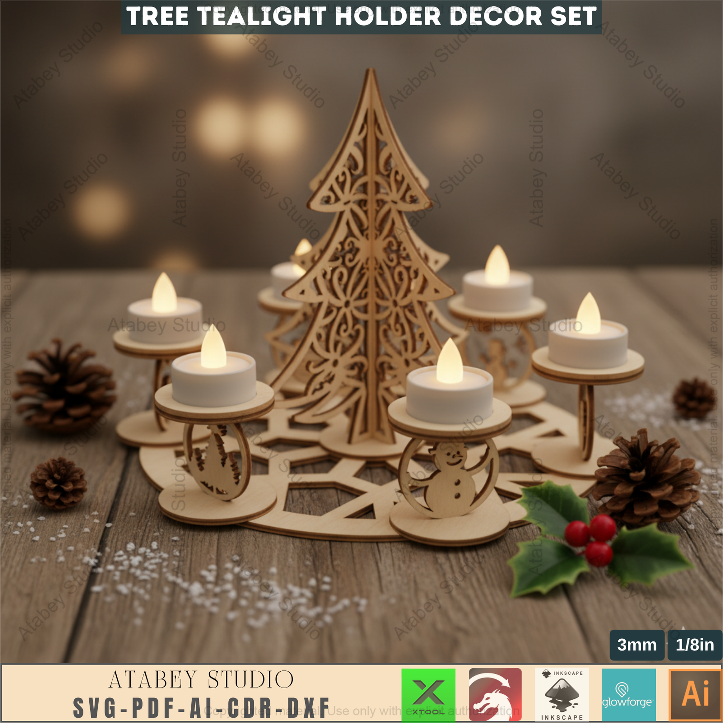 Festive Tree Lantern, Holiday Tea Light, New Year Themed Laser Cut Digital Download, Laser File Christmas Candles Tealight Holder Trees File Candle holder Christmas SVG, Christmas Snowflake trees candles Advent wreath laser file tealight  968