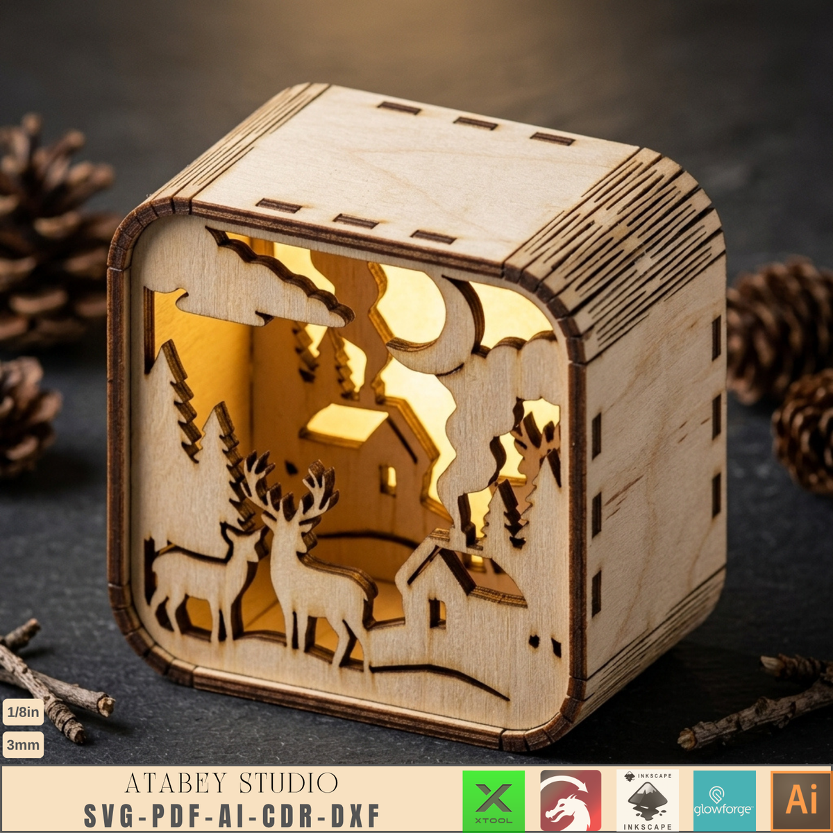 Wooden Christmas Shadow Box Lantern, Reindeer Santa Sleigh Candle Box Plans, Xmas Mantel Laser File