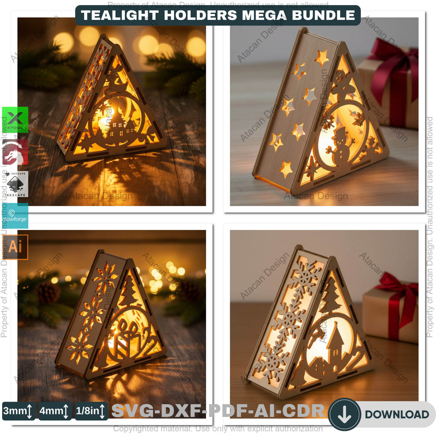 Christmas Pyramid Candle Holder Bundle Laser Cut Template Tealight Lantern Designs Winter Wood Decor Night Lights 919