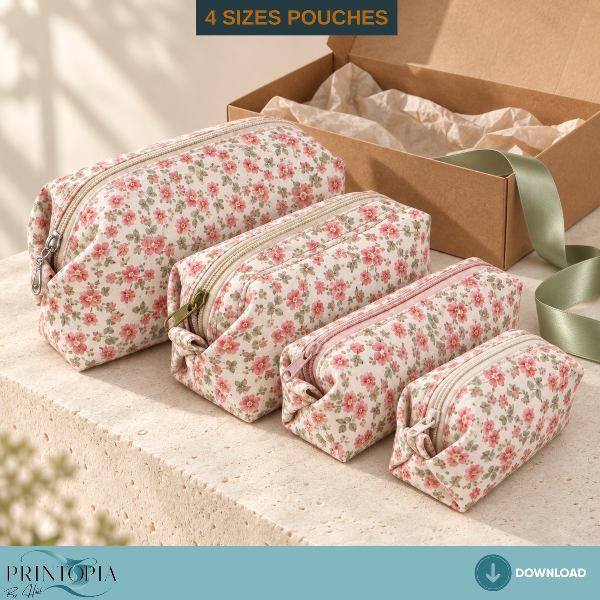 4 Sizes Floral Bow Tie Pouch Laser Cut PDF Pattern Cosmetic Bag