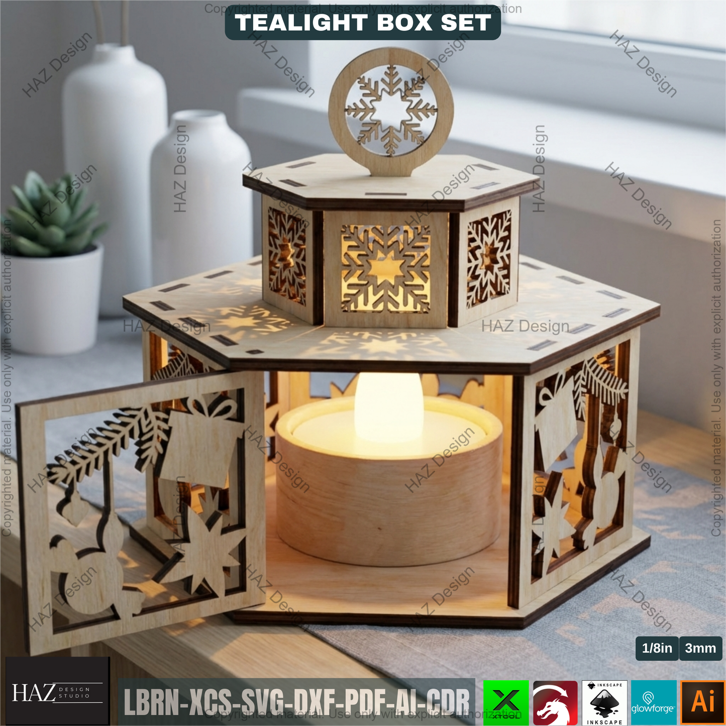 Festive Tealight Lanterns  – Christmas Candle Holder with Lid - Laser Cut Tabletop Decor - Tealight Box Lights 504