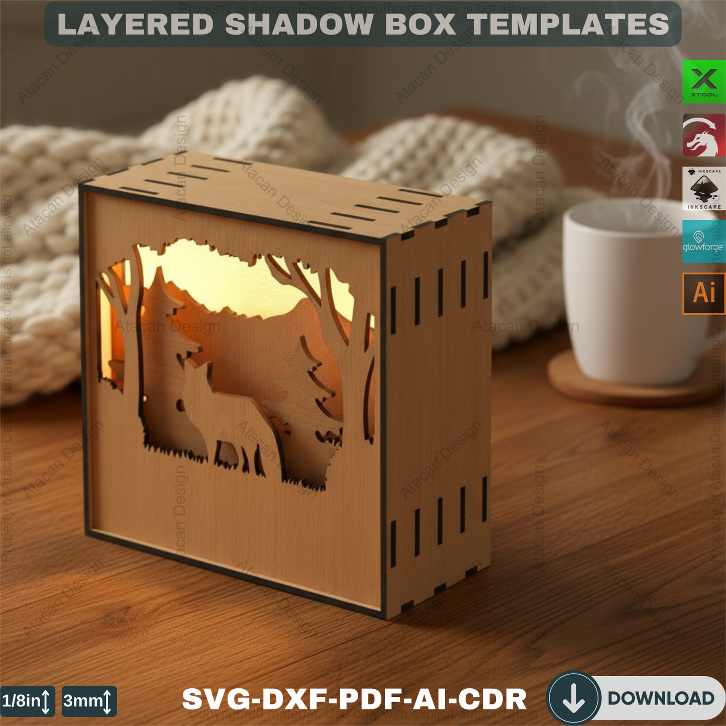 Wooden Wolf Forest Night Lamp – Multilayer Shadowbox for Laser Cutting 791
