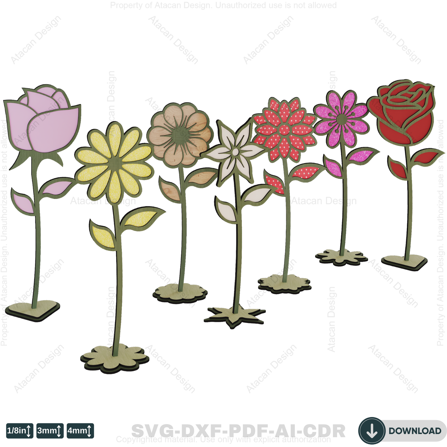 Wooden Stand Flowers Laser Cut Design | Decorative Wildflower Vector for Glowforge,Wildflower Decorative Stand Template 820